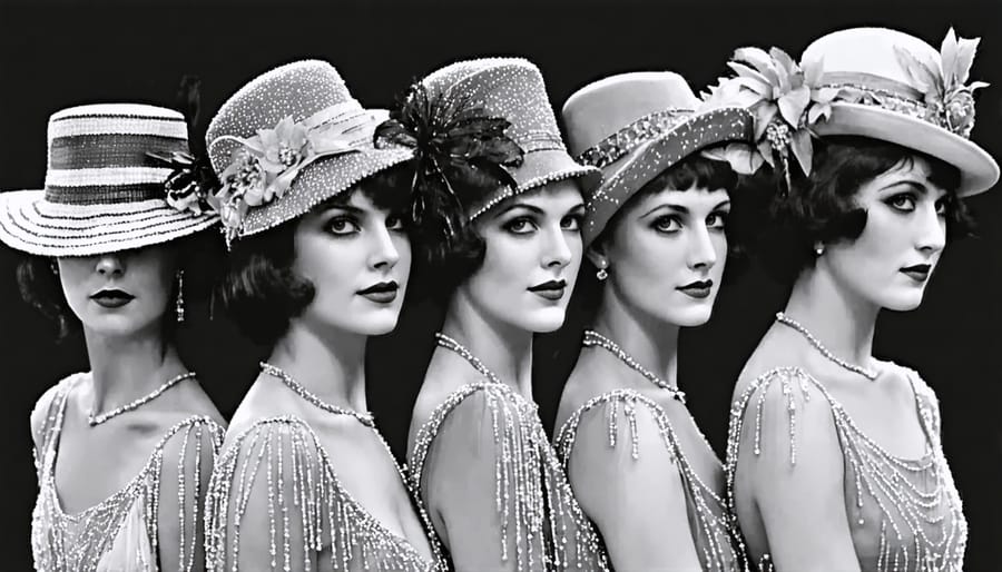 Group of young women wearing iconic 1920s flapper dresses and accessories at a social gathering