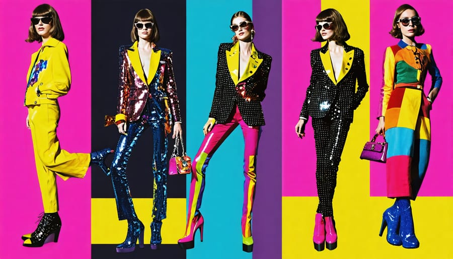 A vibrant collage depicting 1970s fashion elements including Yves Saint Laurent's tuxedo suit, platform shoes, disco-inspired sequins, and colorful global patterns, symbolizing the cultural and self-expressive revolution of the decade.