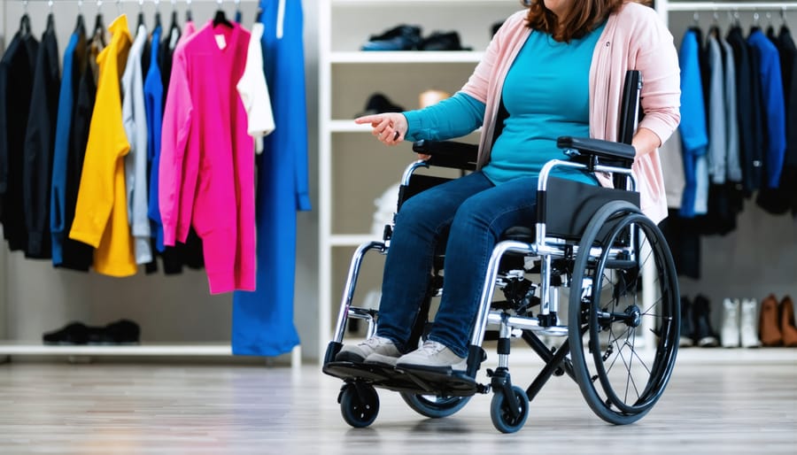 Individual using a wheelchair demonstrating challenges with current adaptive clothing designs