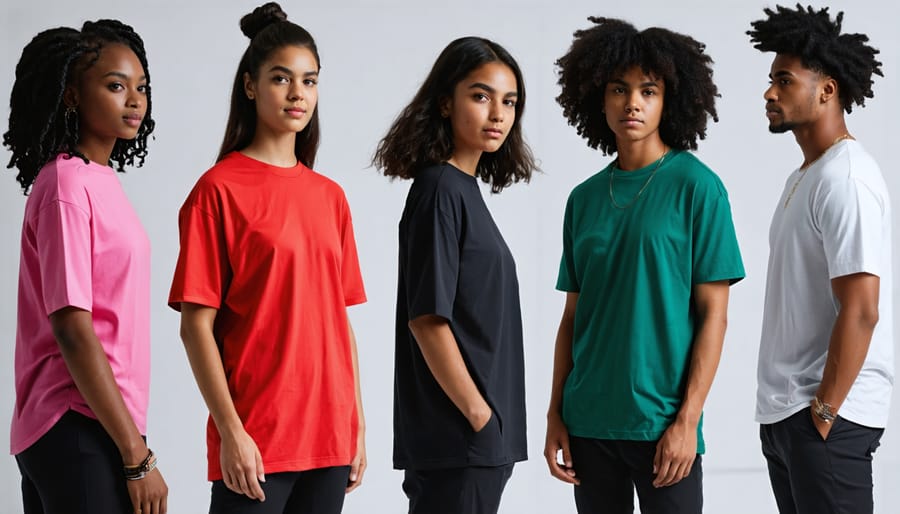 Group of diverse individuals wearing adaptively designed t-shirts styled with various outfits