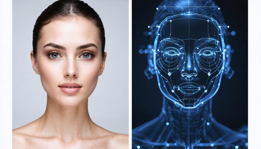 Digital interface showing AI skin analysis process and personalized ingredient matching