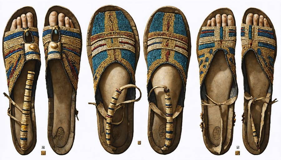 Ancient Egyptian ceremonial sandals with ornate decorations and hieroglyphic symbols