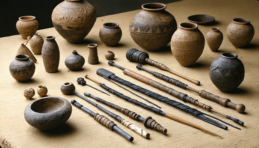 Collection of preserved ancient textile-making tools including clay spindles and bone needles