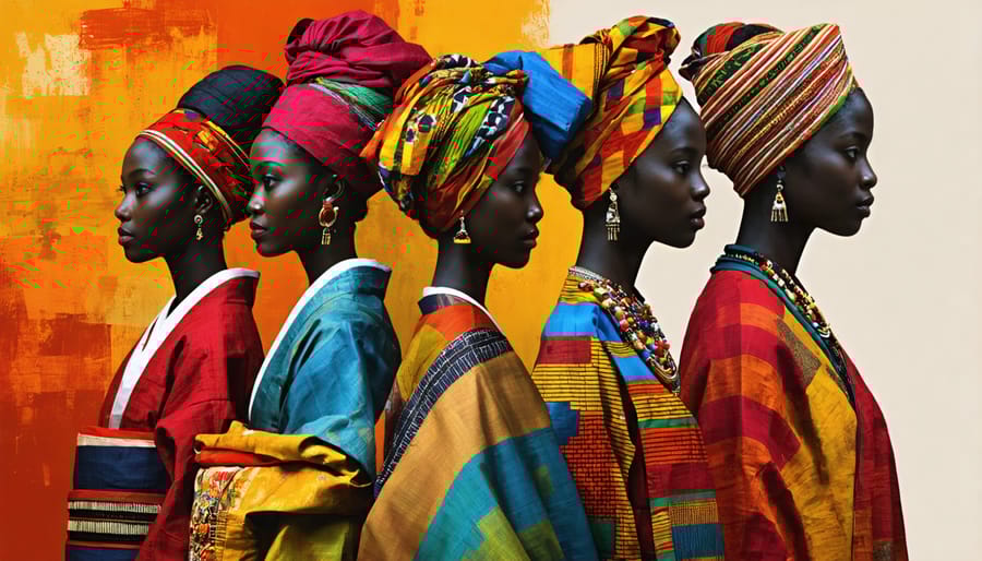 Collage showcasing various traditional ceremonial garments, including a Japanese kimono, Indian lehenga, and African kente cloth, representing the fusion of heritage and modern style.