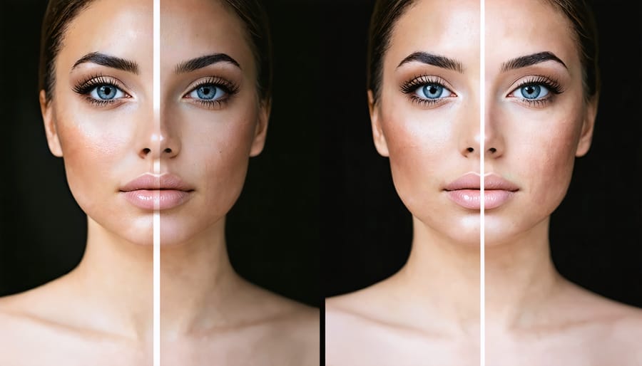 Before and after comparison of the Clean Girl makeup look featuring dewy skin and minimal coverage