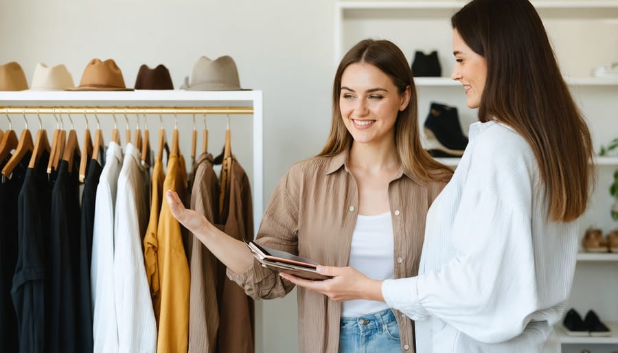 Personal shopper explaining clothing selections to client in front of a carefully curated wardrobe rack
