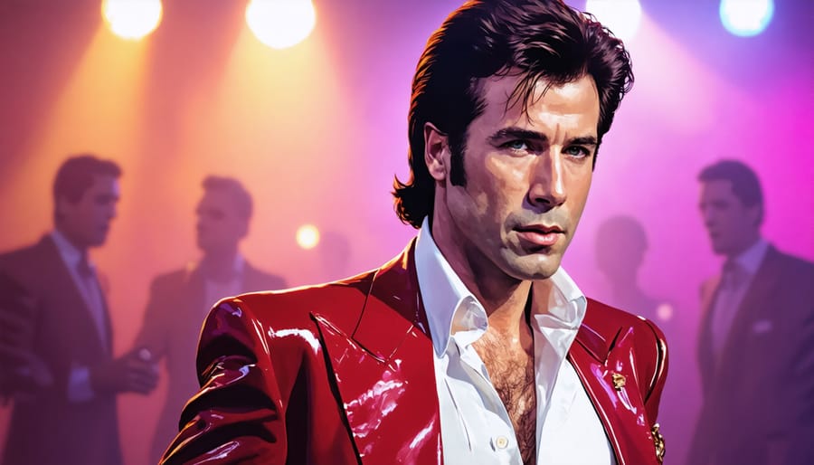 John Travolta striking a dance pose in a white three-piece disco suit