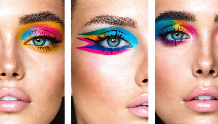Collection of bold, geometric eyeliner designs featuring neon colors and artistic patterns