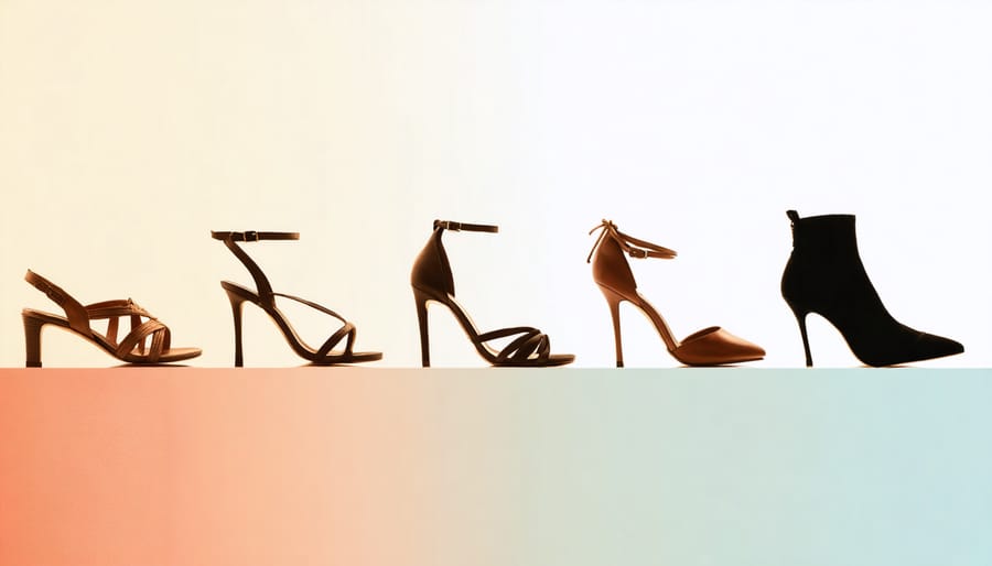 A collage showcasing the evolution of women's footwear through the ages, featuring Egyptian sandals, Renaissance chopines, Victorian boots, 1950s stilettos, and modern sneakers.