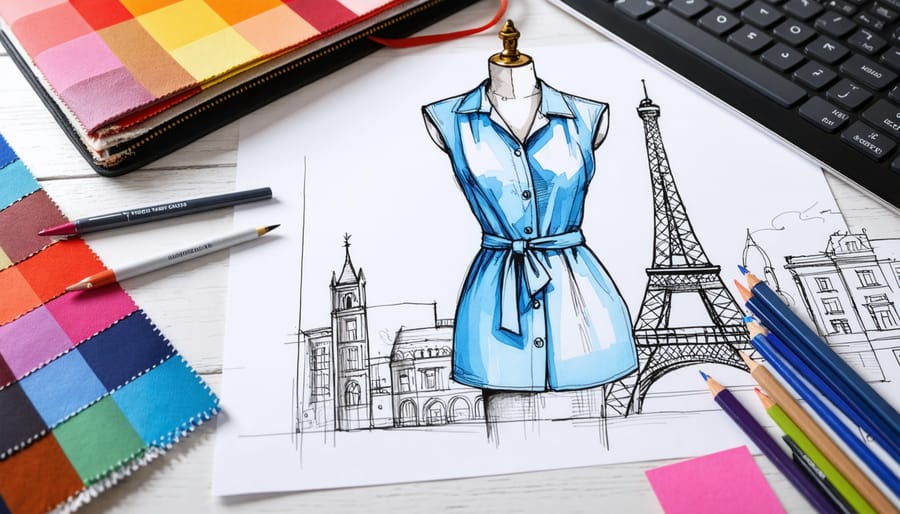 Fashion designer's workspace showcasing fabric swatches, sketches, and a digital tablet, illustrating the mix of creativity and technology in fashion design.