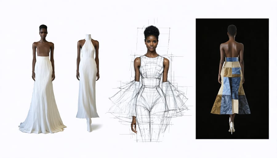 Open fashion design portfolio showing sketches, fabric samples, and completed garment photos