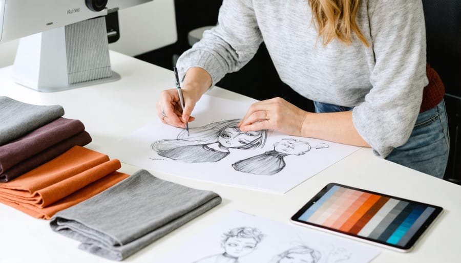 Fashion designer creating digital sketches while surrounded by fabric samples and traditional design tools