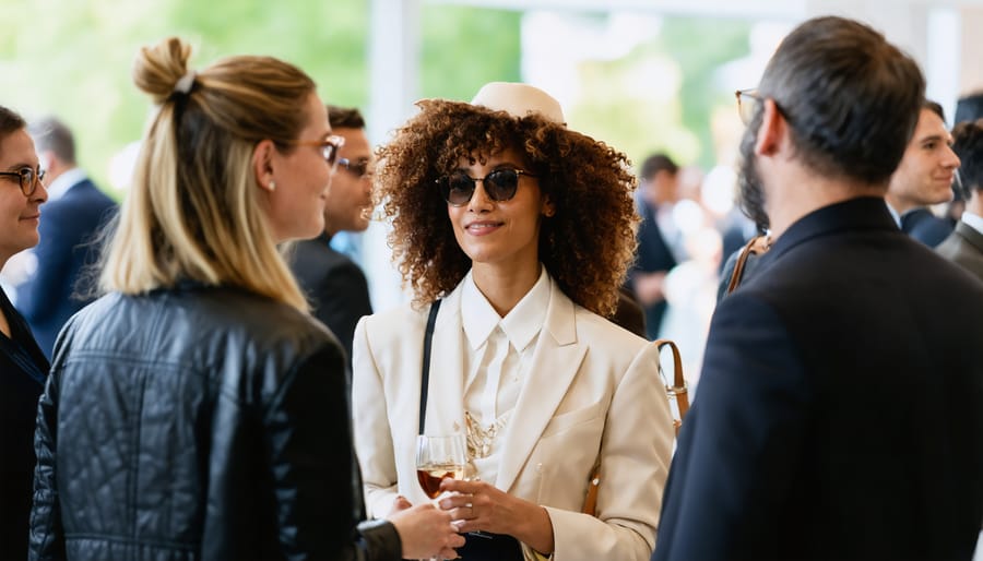 Designer presenting their collection to industry professionals at a networking event