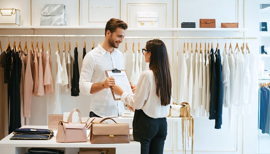 "A personal shopper advising a client in a sophisticated boutique, showcasing personalized clothing selections and stylish fashion displays."