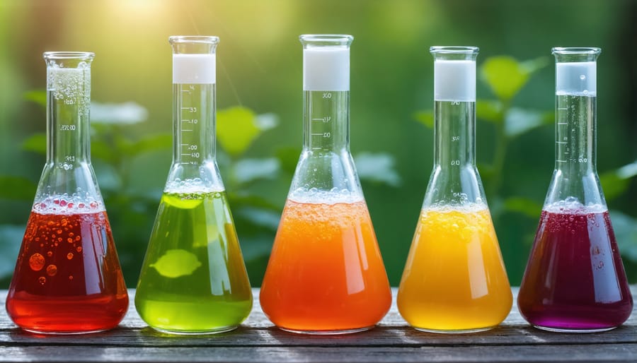 Scientific glass containers with fermenting beauty ingredients showing active fermentation process