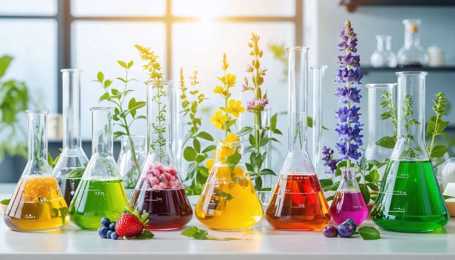 Vibrant laboratory glassware showcasing colorful, fermenting botanical extracts with visible bubbles, illustrating the active fermentation process for skincare products.