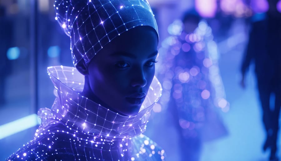 Person showcasing futuristic smart clothing with visible haptic feedback points in an urban setting, representing the integration of technology and fashion.