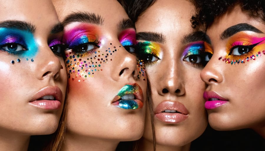 A vibrant collage showcasing Gen Z individuals with bold and creative makeup looks, featuring geometric graphic eyeliners, sparkling face gems, and diverse, expressive color choices.