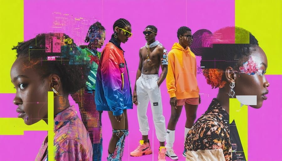 Diverse group of Gen Z individuals showcasing unique sustainable and gender-fluid fashion styles, with digital elements symbolizing the integration of technology in their fashion choices.