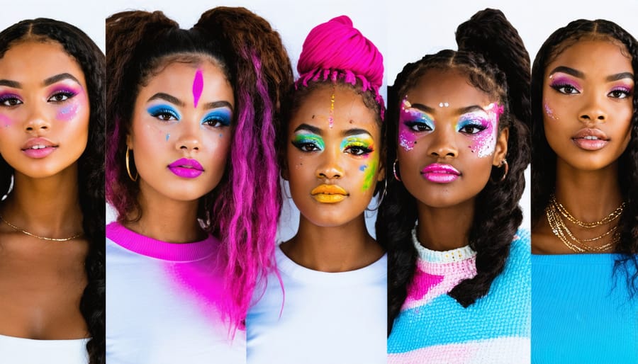 Mixed-gender group showcasing experimental makeup with bright colors and unconventional patterns
