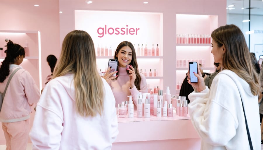 Customers experiencing Glossier's interactive showroom with mirrors and product testing stations