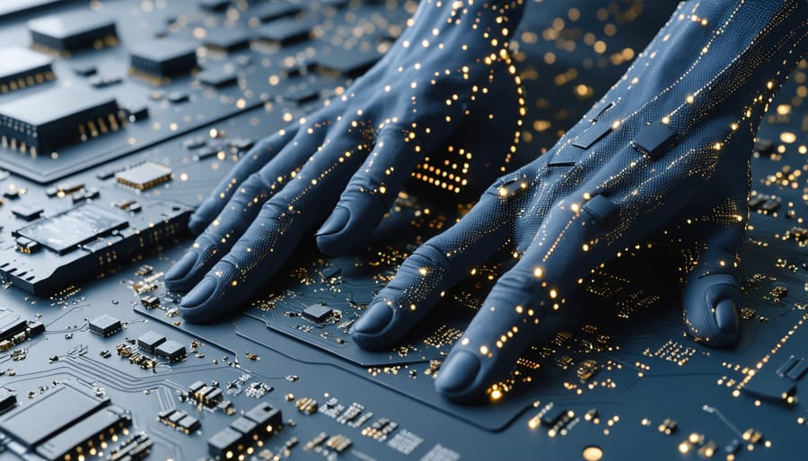 Microscopic view of haptic feedback sensors and actuators woven into fabric