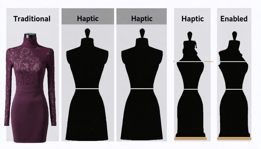 Side-by-side comparison showing traditional clothing fitting versus smart haptic fitting technology