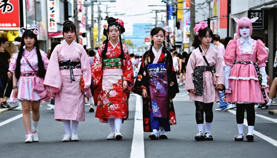 Young fashion enthusiasts in Harajuku district wearing contemporary clothes with traditional Japanese elements