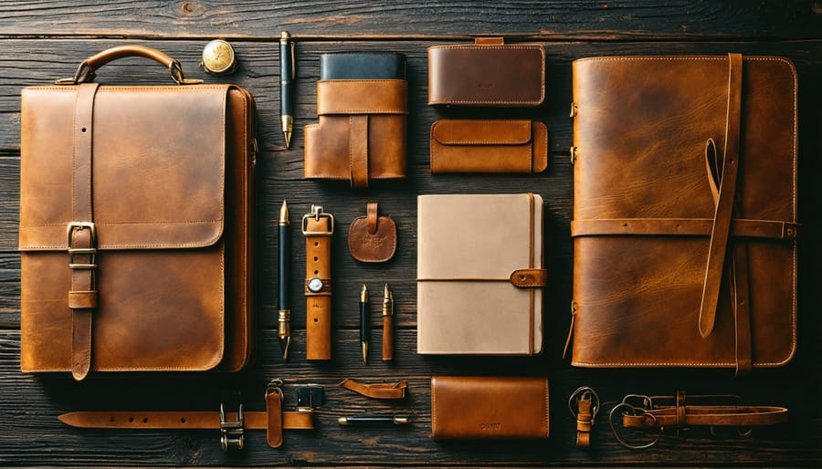 Vintage-style leather accessories showing beautiful wear patterns and patina