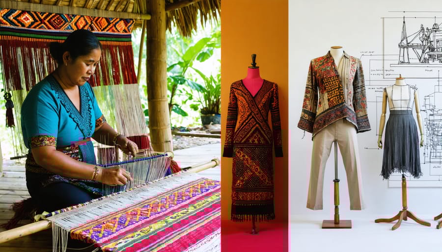 A juxtaposed image highlighting the fusion of indigenous textile craftsmanship with modern fashion design. On the left, a traditional weaver works on a handloom with bright threads, symbolizing heritage techniques. On the right, a modern fashion designer incorporates these textile patterns into contemporary clothing using a digital sketchpad, representing the merge of tradition and innovation.