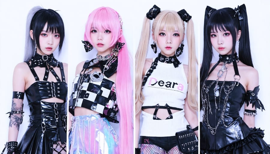 Four models representing different Japanese fashion subcultures: Lolita in a frilly dress, Decora with colorful accessories, Visual Kei in dramatic gothic attire, and Gyaru with tanned skin and blonde hair