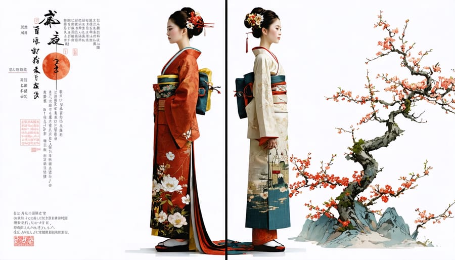 Conceptual split-image of a traditional kimono and modern Japanese fashion outfit, illustrating the blend of cultural heritage and contemporary style.