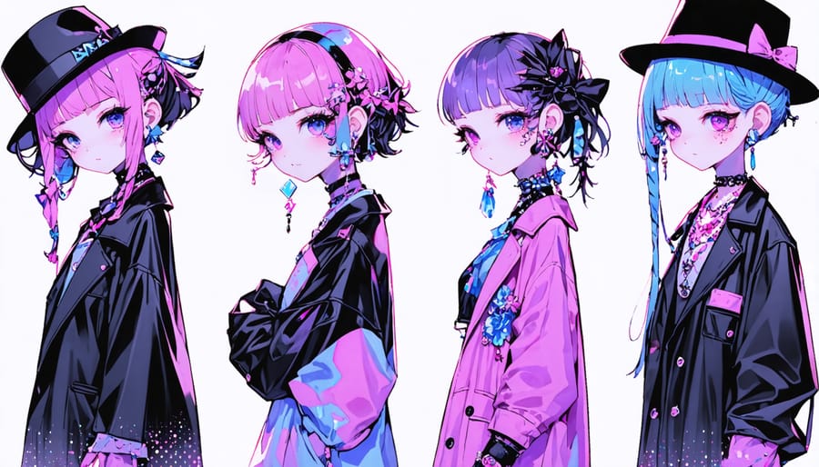 Collage showcasing the vibrant and diverse styles of Japanese street fashion, including Visual Kei's gothic elements, Decora's colorful accessories, Lolita's victorian charm, and Gyaru's bold makeup, set against the lively backdrop of Harajuku streets.