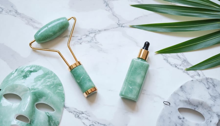 Beauty products and facial tools arranged aesthetically for spa-like skincare routine