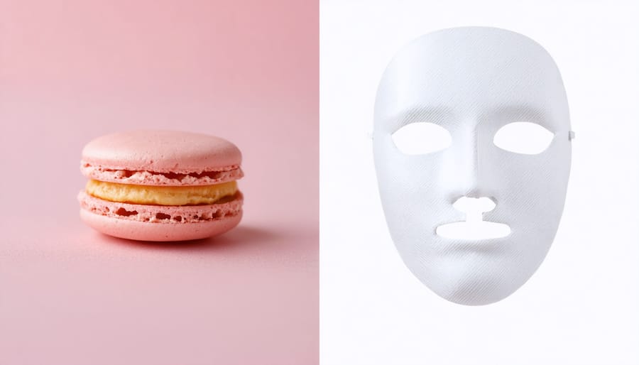 Comparison of a pink macaron pastry and a matching pink macaron-shaped skincare mask