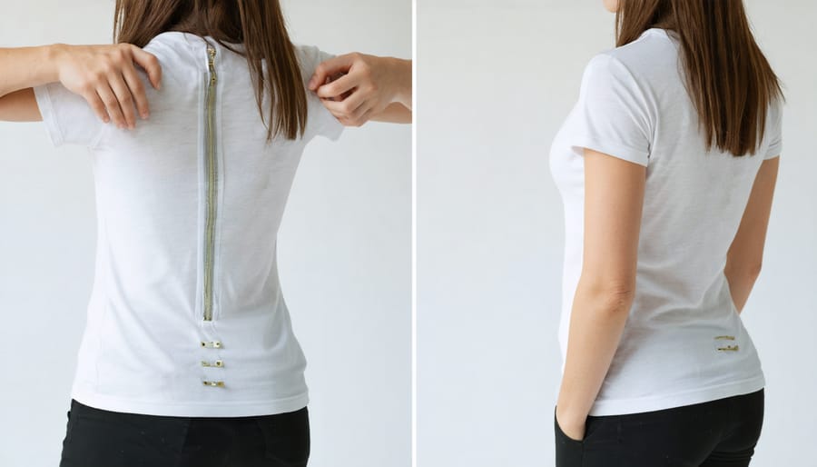 Detailed view of magnetic closure system being used on an adaptive t-shirt shoulder seam