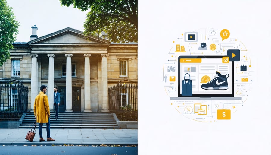 A split-screen image showing a transition in fashion funding from a traditional bank to a digital crowdfunding platform with fashion items, representing the evolution of financing for fashion startups.