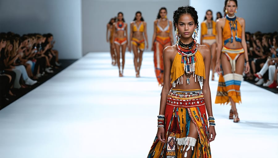 Fashion models wearing modern clothing incorporating traditional indigenous textile designs