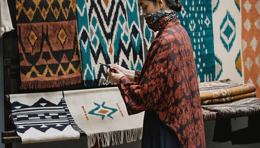 Fashion designer incorporating traditional ikat fabric into modern dress design