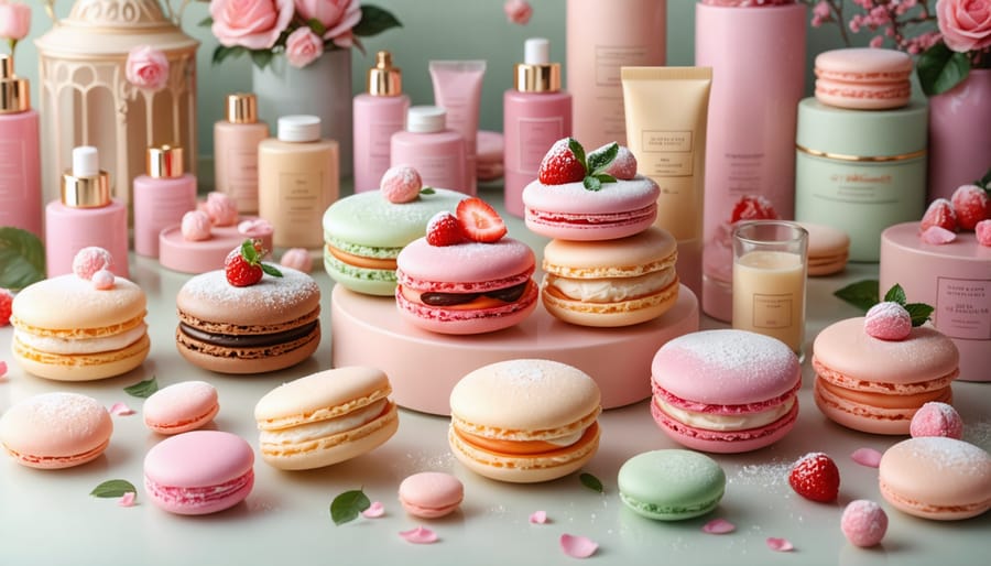 A stylish display of skincare products shaped like French pastries, including macarons and éclairs, presented in a luxurious Parisian bakery setting with pastel colors and elegant decoration.