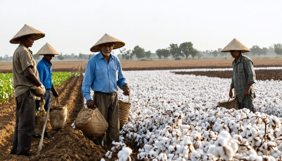 Organic cotton farmers inspecting crops with Patagonia sustainability team members