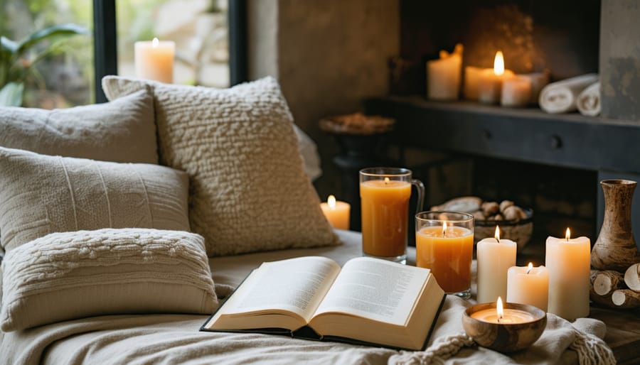 A serene and cozy home sanctuary showcasing plush textures, scented candles, and soft lighting, evoking a tranquil spa-like atmosphere perfect for relaxation and self-care.