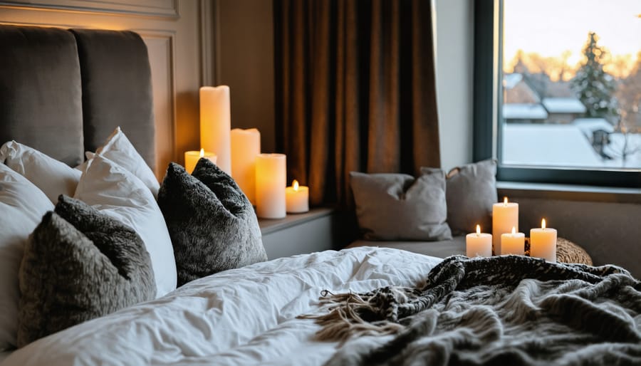 Calming bedroom sanctuary with ambient lighting and comfortable furnishings for relaxation