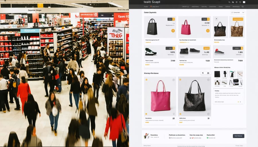 A split-screen comparison of a busy traditional retail store on the left and a modern direct-to-consumer e-commerce platform on the right, illustrating the difference in shopping experiences.