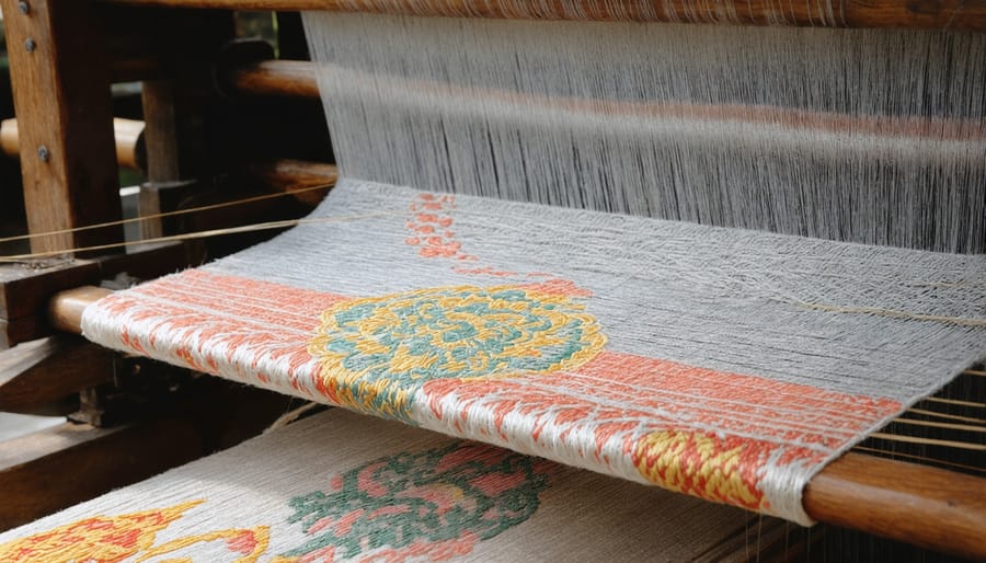Chinese artisan working at a traditional wooden silk loom with detailed pattern visible