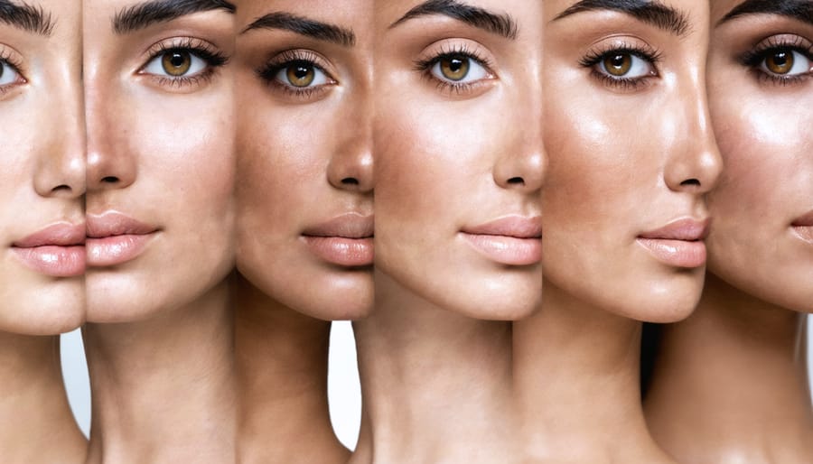 Four-panel image showing spot concealing technique progression on various skin concerns