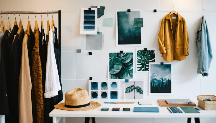 Organized desk with fashion mood boards, color palettes, and client style profiles