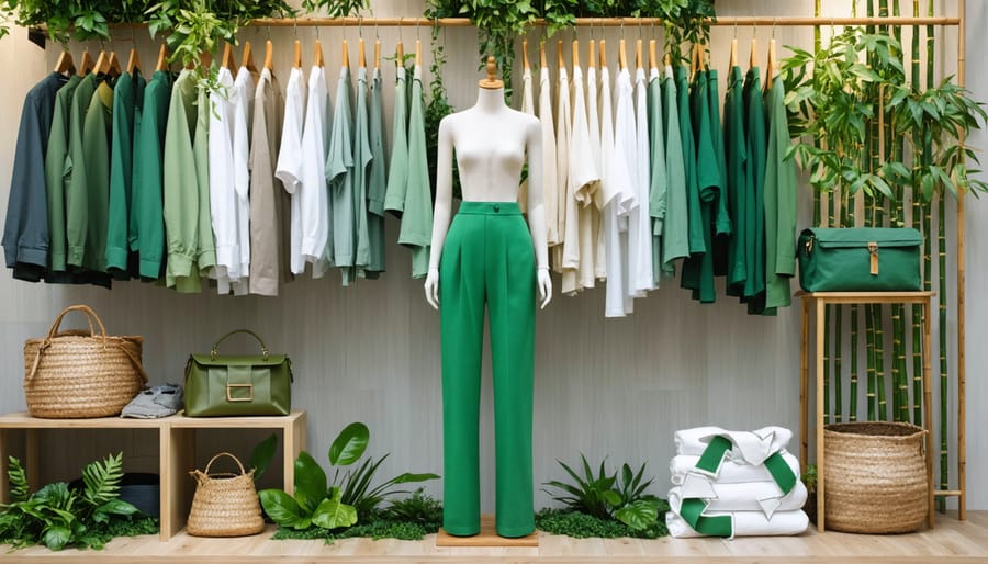 An elegant wardrobe showcasing stylish outfits made from sustainable materials, emphasizing the intersection of fashion and eco-conscious choices in modern style.
