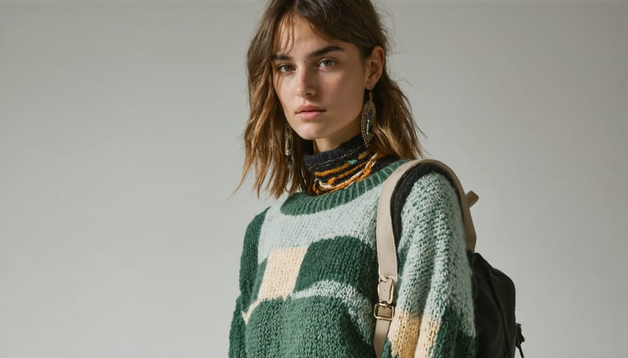 Model showcasing modern sustainable knitwear outfit with eco-friendly accessories