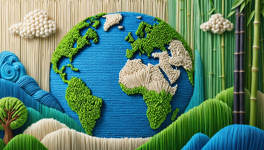 Illustration of sustainable knitwear materials enveloping a globe, representing the global impact of eco-friendly fashion.